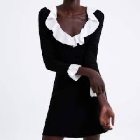 Zara Black + White Contrasting Ruffle Knit Dress Sz. L - Picture 3 of 9